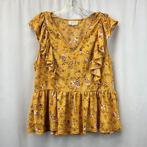 Melloday Womens Multicolor Floral Ruffle Short Sleeve V-Neck Blouse Top Sz Large - Picture 1 of 10